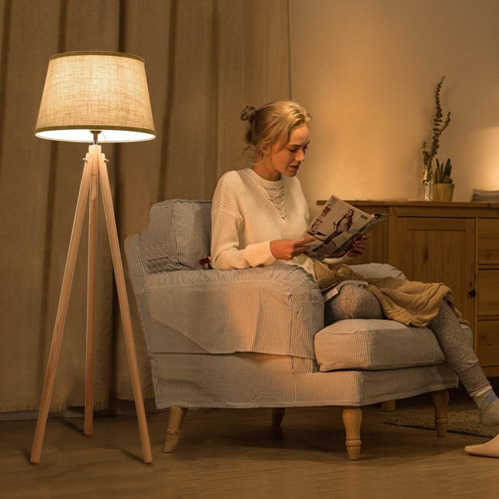 Tripod Floor Lamp Warm LED Reading Light Beige Shade Polished Wood