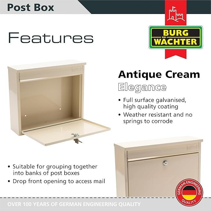 Lockable Wall Mounted Post Box Weatherproof Steel Antique Cream Secure & Stylish