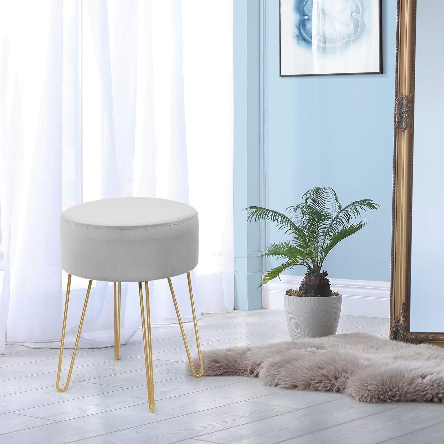 Grey Velvet Round Footstool Modern Dressing Table Stool with Metal Legs