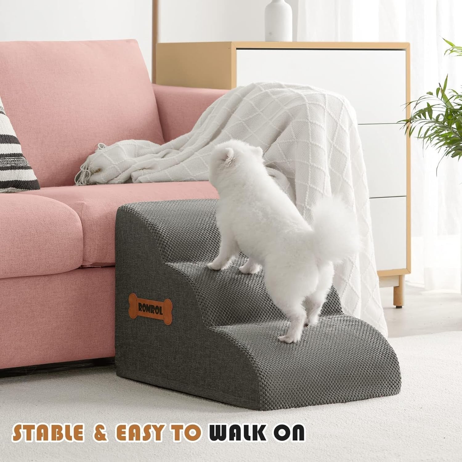 3 Step Dog Stairs Non Slip Pet Ramp for Bed Sofa Washable Grey