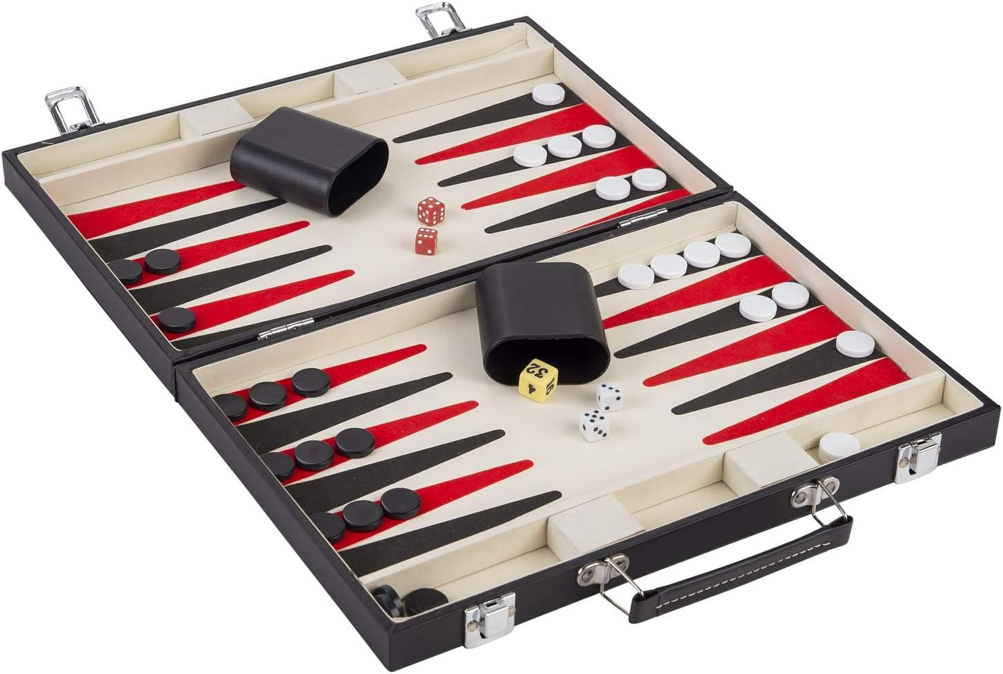 Wooden Backgammon Set 15in Leatherette Case Travel Board Game with Dice Cups