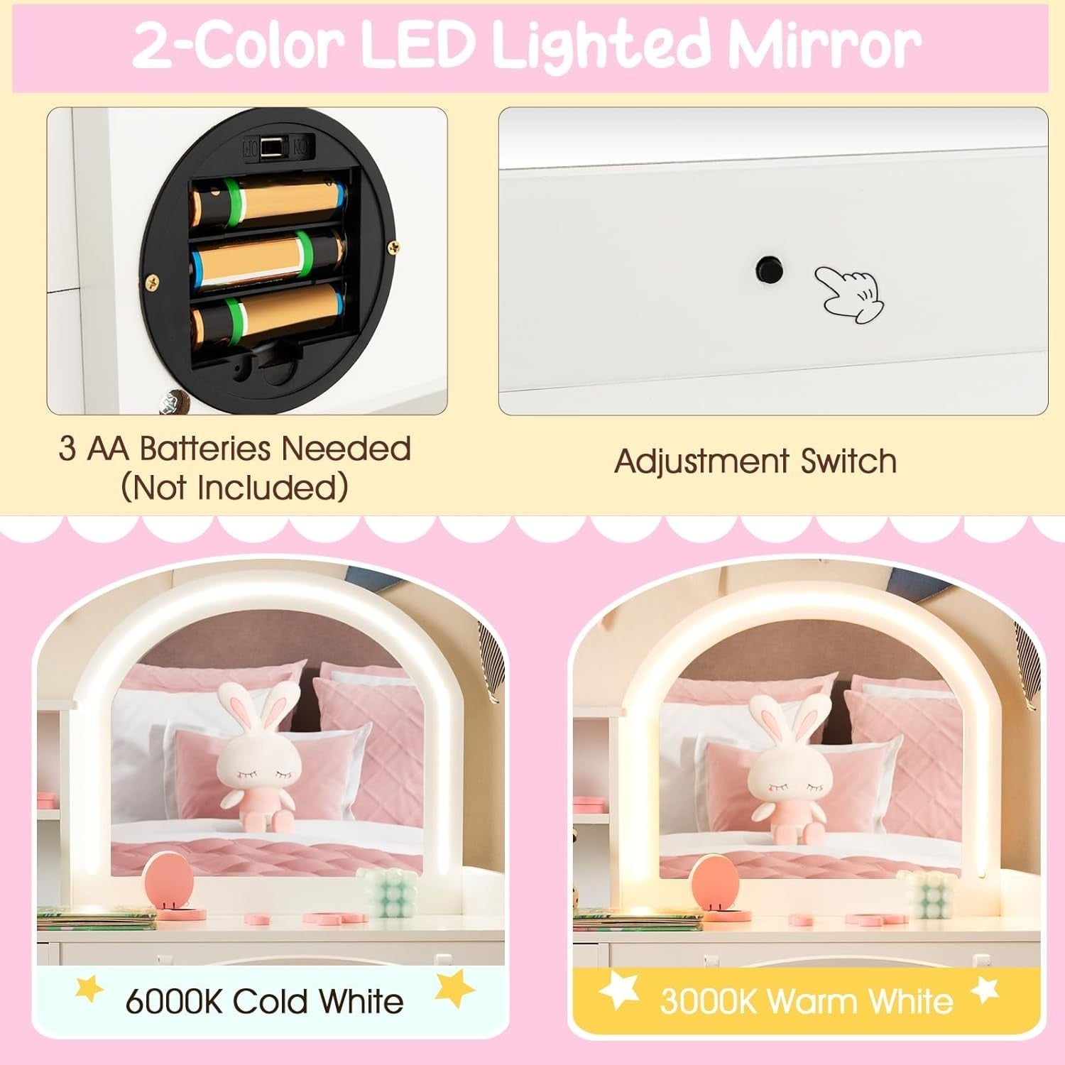 Kids Vanity Table Set with LED Mirror Drawer Shelves Cabinet & Stool White