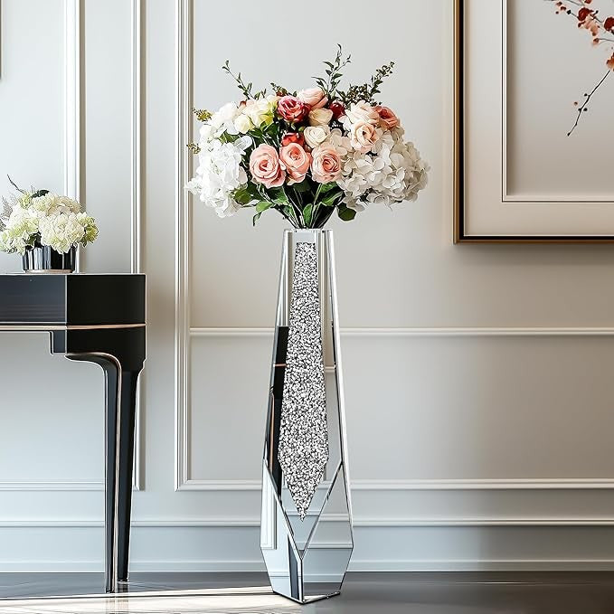 Extra Tall Mirrored Floor Vase 85.5cm Silver Glass Pampas Flower Decor