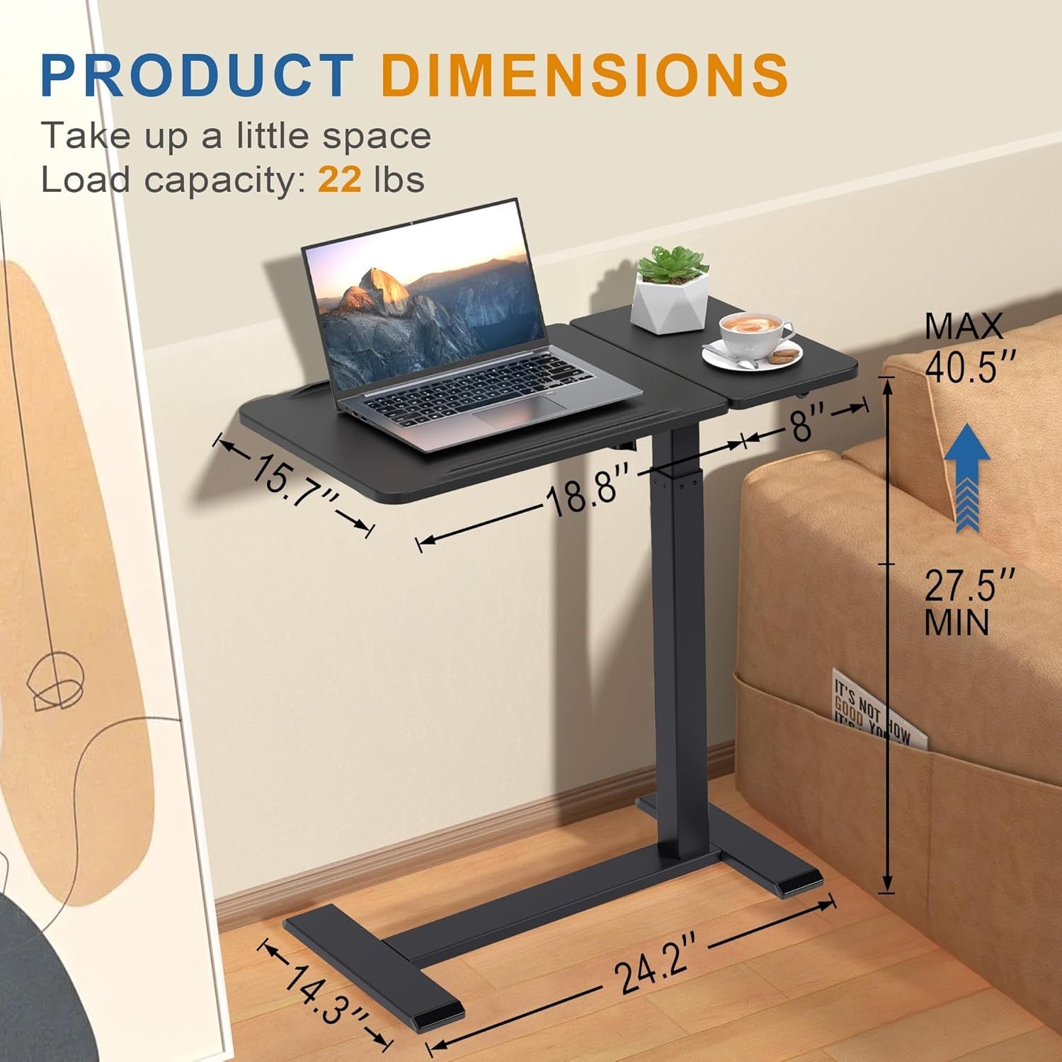 Black Overbed Laptop Table Adjustable Height Tilt Top Rolling Bedside Desk