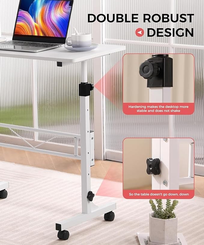 Adjustable Standing Desk Mobile Laptop Desk with Wheels 80x40cm White