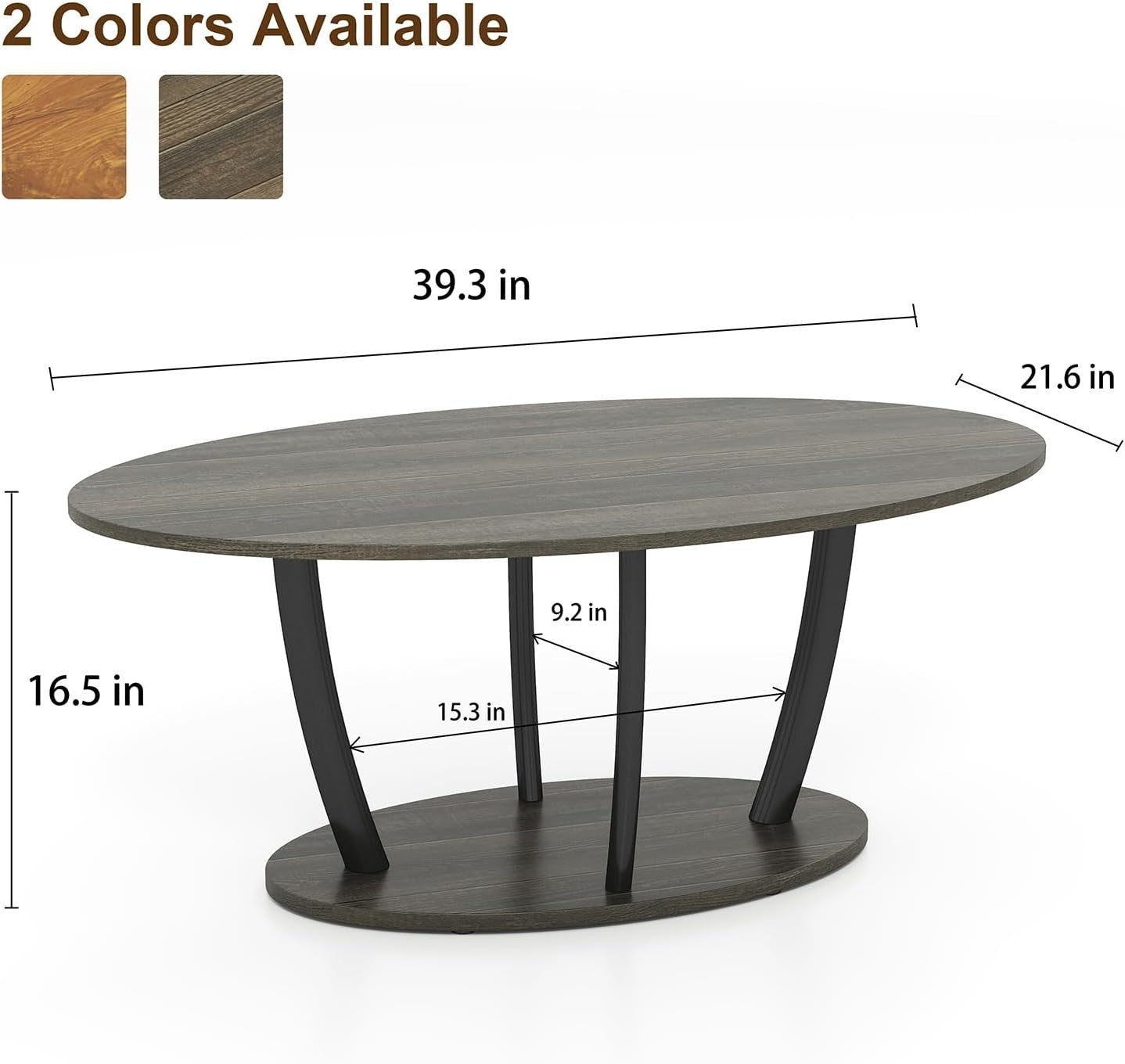 Oval 2-Tier Coffee Table with Storage Shelf, Modern Small Table 100x55cm