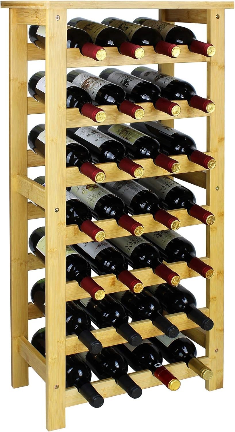 28 Bottle Bamboo Wine Rack Freestanding 7 Tier Storage Shelf with Table Top