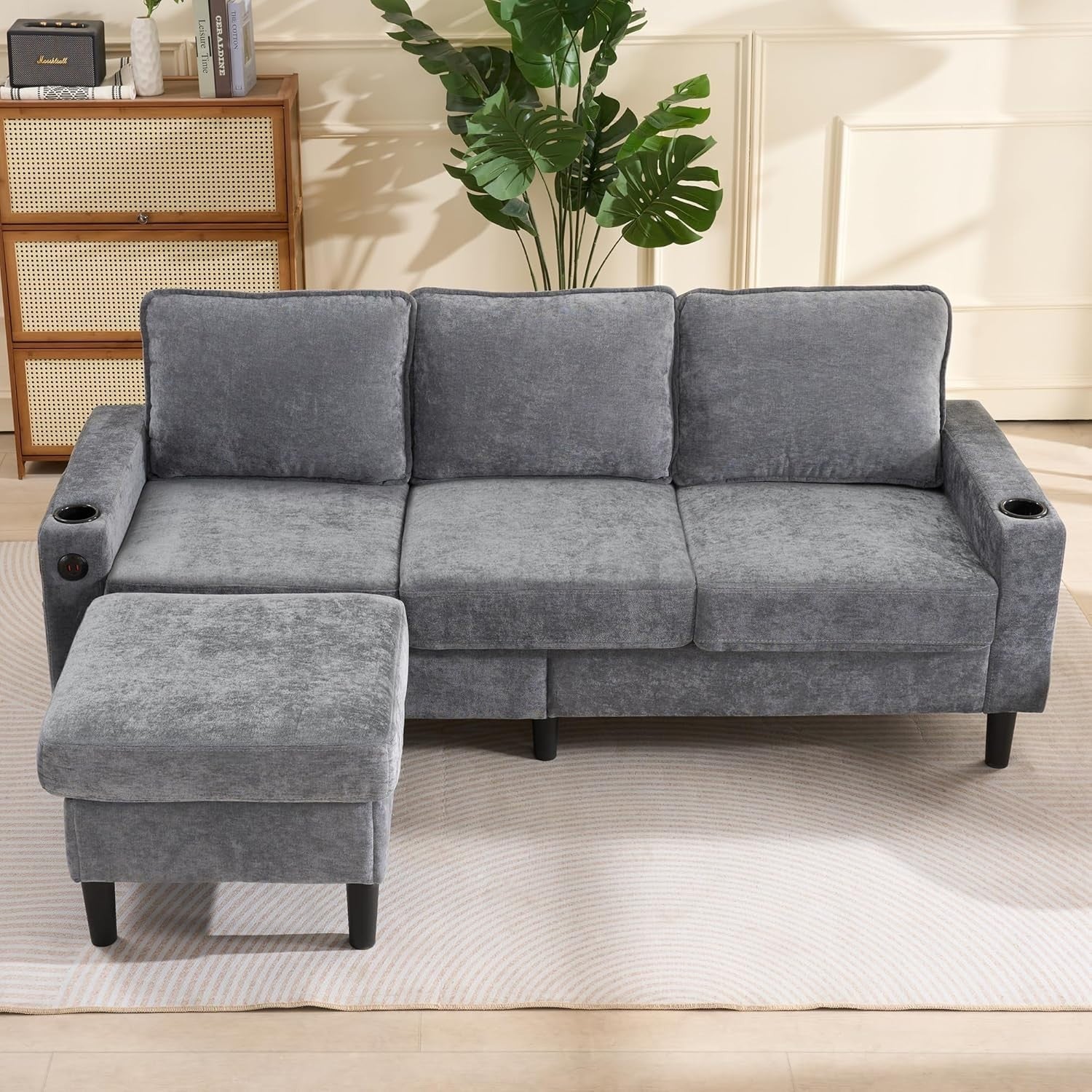 3-4 Seater Grey L-Shaped Sofa with Reversible Chaise, USB Ports & Cup Holders