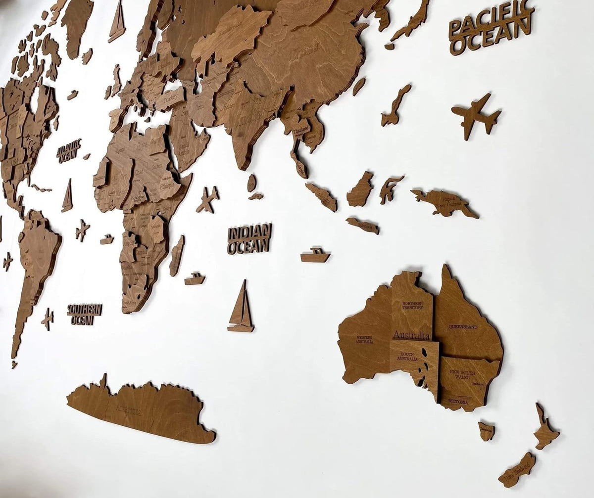 3D Wooden World Map Wall Art Venge Travel Decor 120x62cm