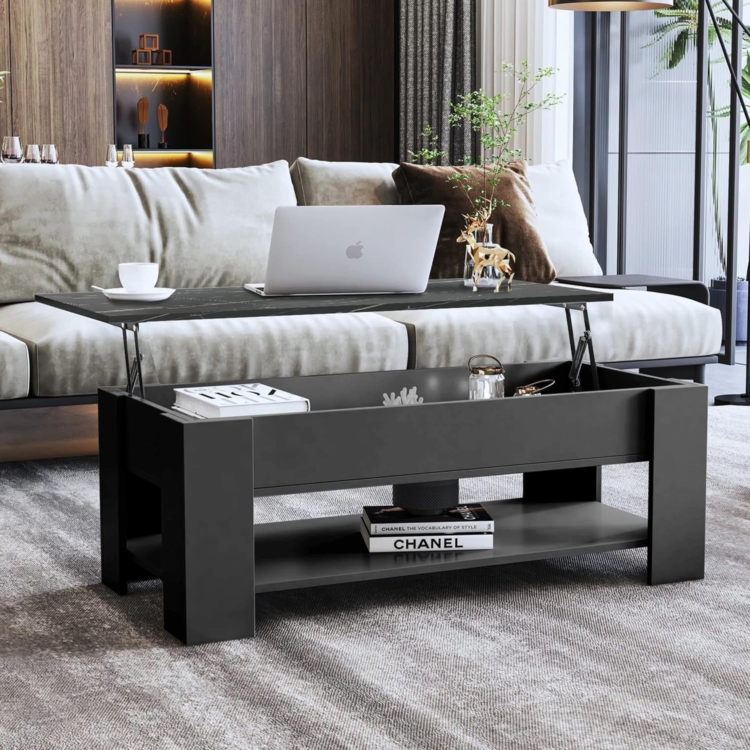 Lift Top Coffee Table with Hidden Storage & Shelf Grey Marble 120x60cm