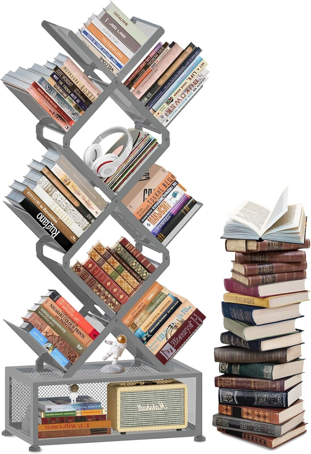 9 Tier Folding Tree Bookcase Metal Corner Bookshelf Free Standing Grey