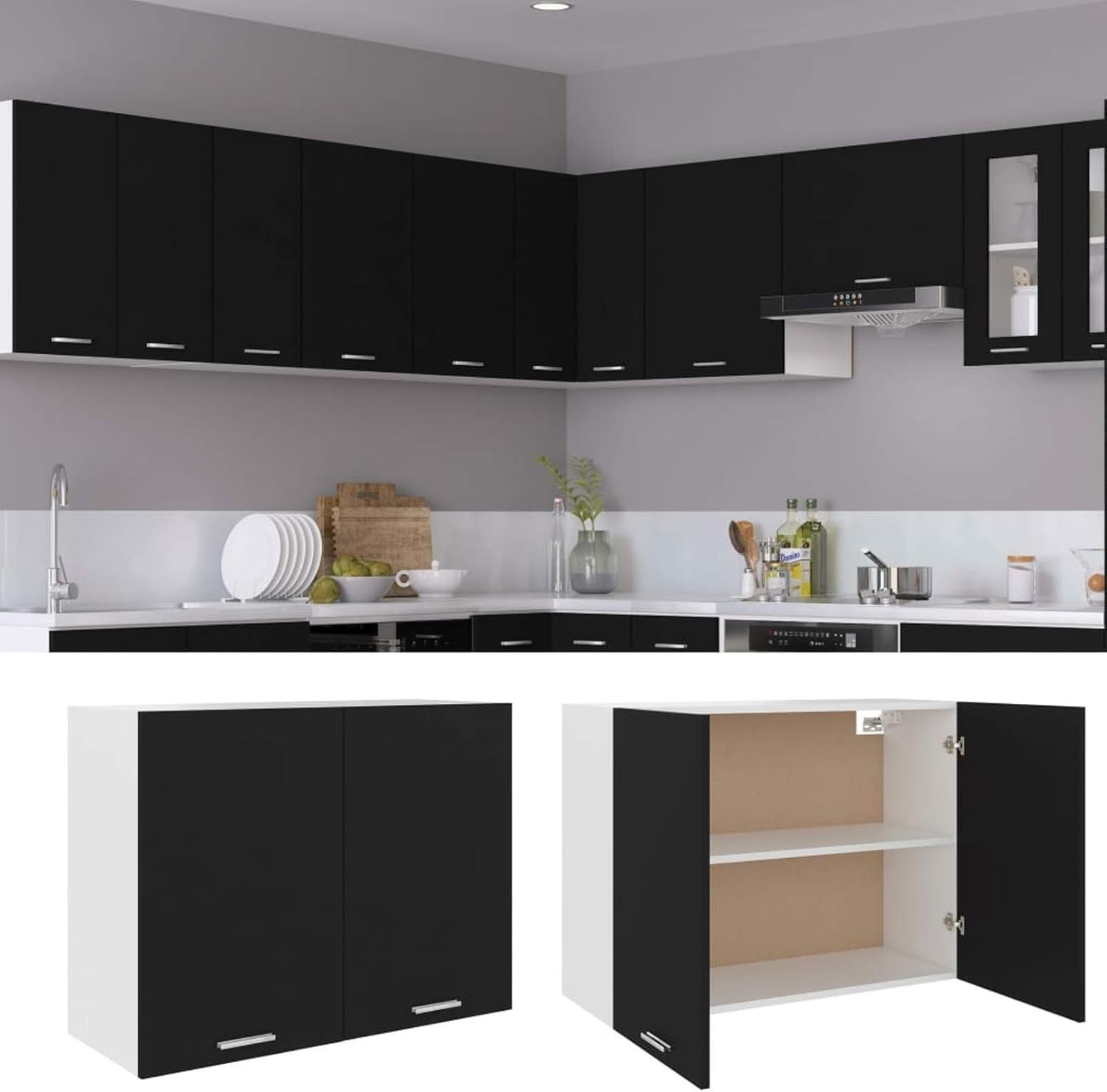 Space-Saving Lockable Wall Cabinet with Double Doors & Shelves Black