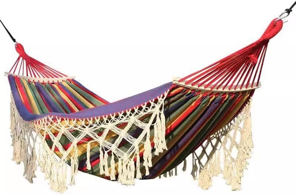 Double Canvas Hammock with Tassels, Anti-Rollover Arc Pole, 2-Person Outdoor