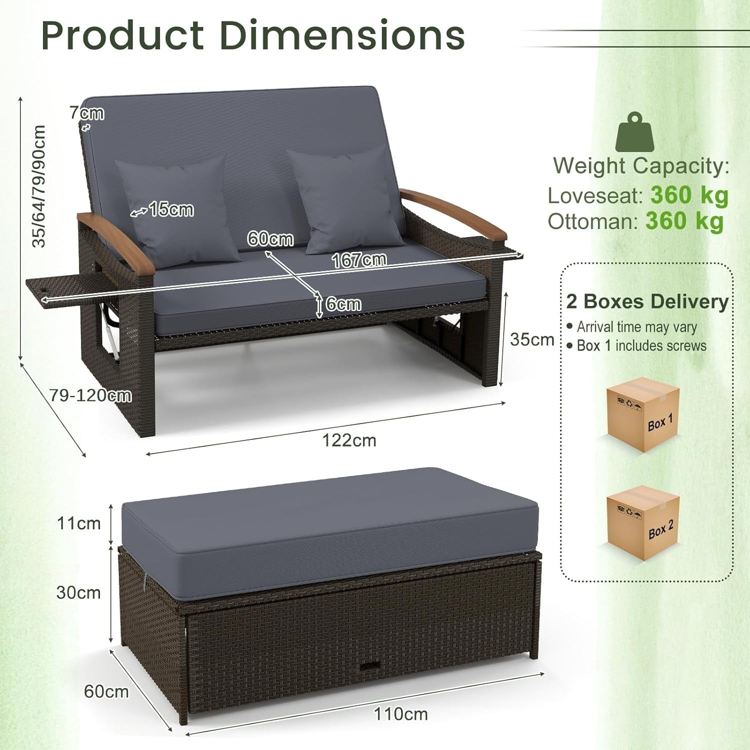 Outdoor Rattan Daybed Double Chaise Lounge with Storage Ottoman & Cushions