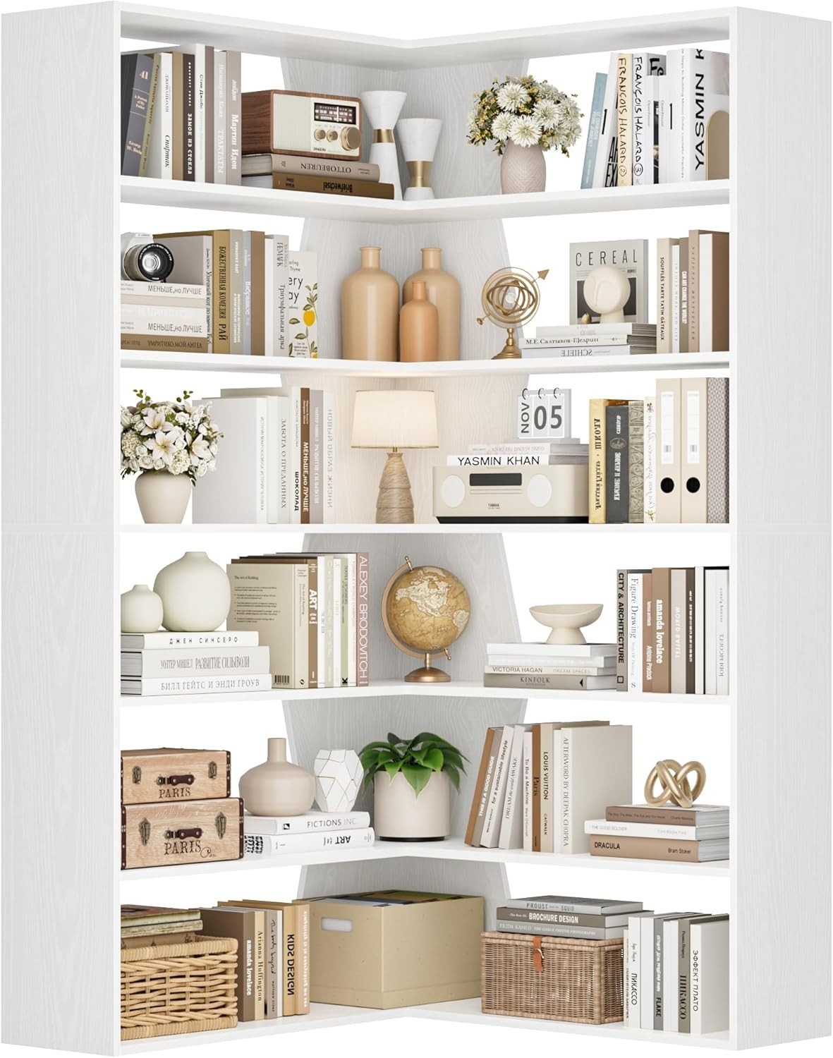 6 Tier White Corner Bookcase L-Shaped Tall Storage Shelf Modern 90x90x190 White