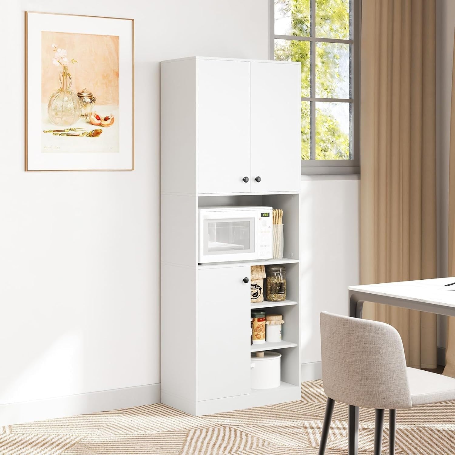 Tall Kitchen Cupboard White 3-Door Pantry Cabinet with Open Shelves