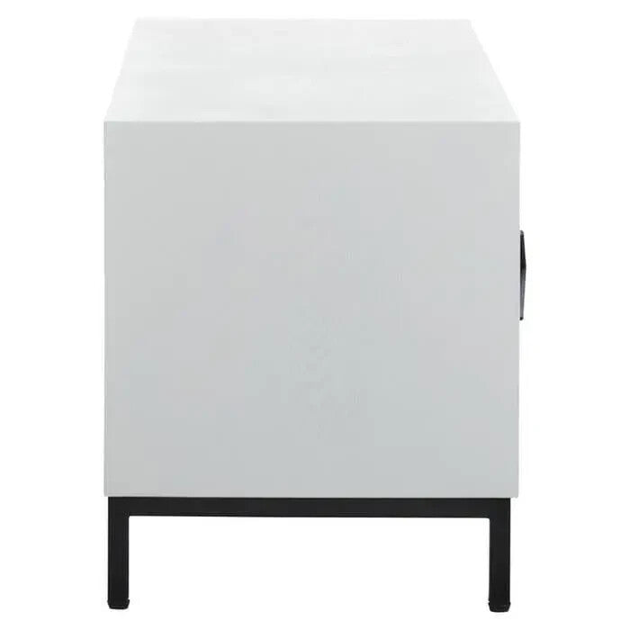 Boho TV Unit White Black Frame Media Console with Geometric Pattern Doors