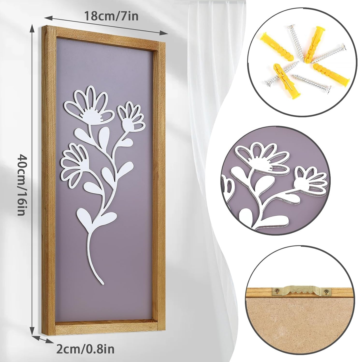 Large 3D Wooden Floral Wall Art Set of 4 Boho Framed Decor for Home