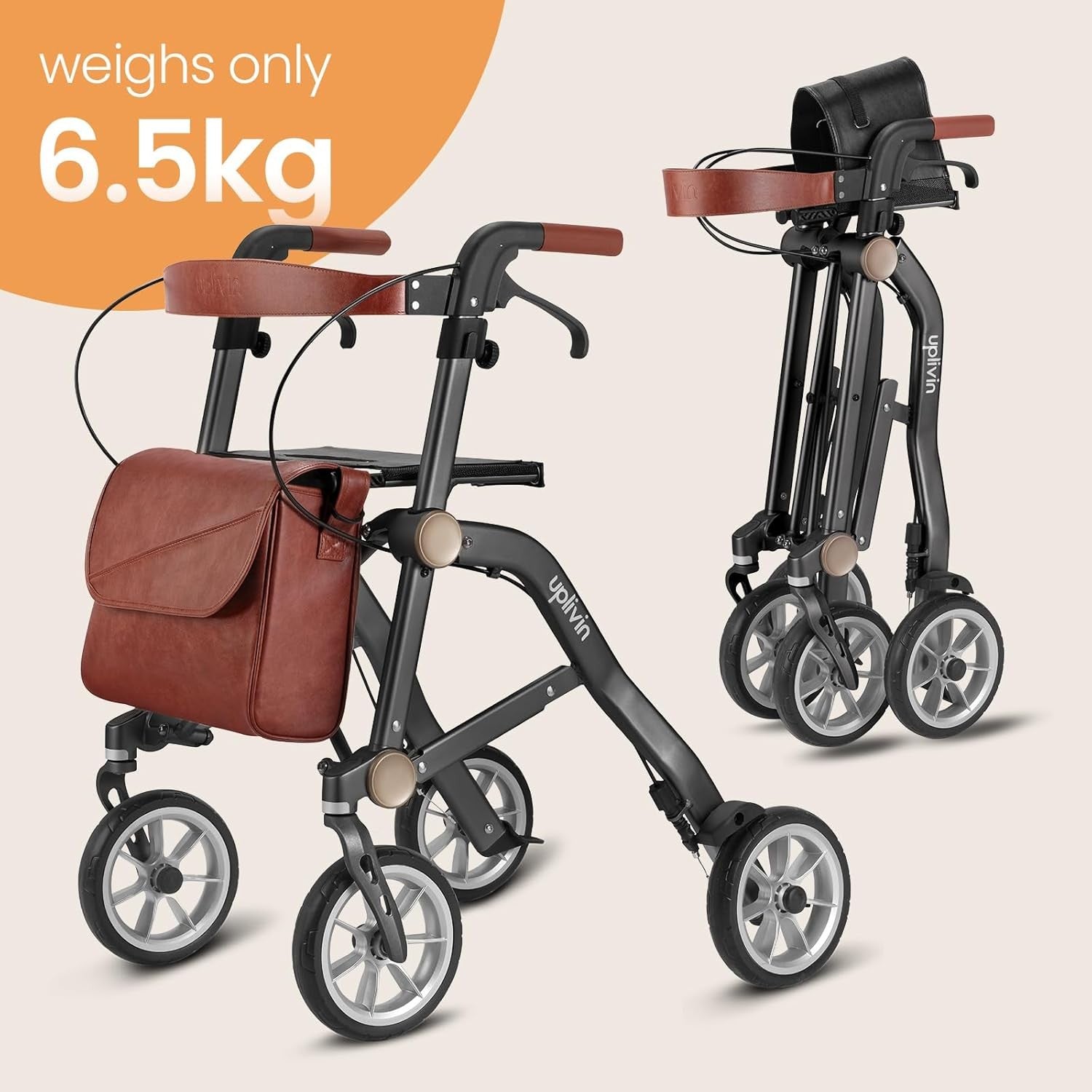 Luxury Lightweight Rollator Walker with Seat 4 Wheel Dual Folding Aluminium