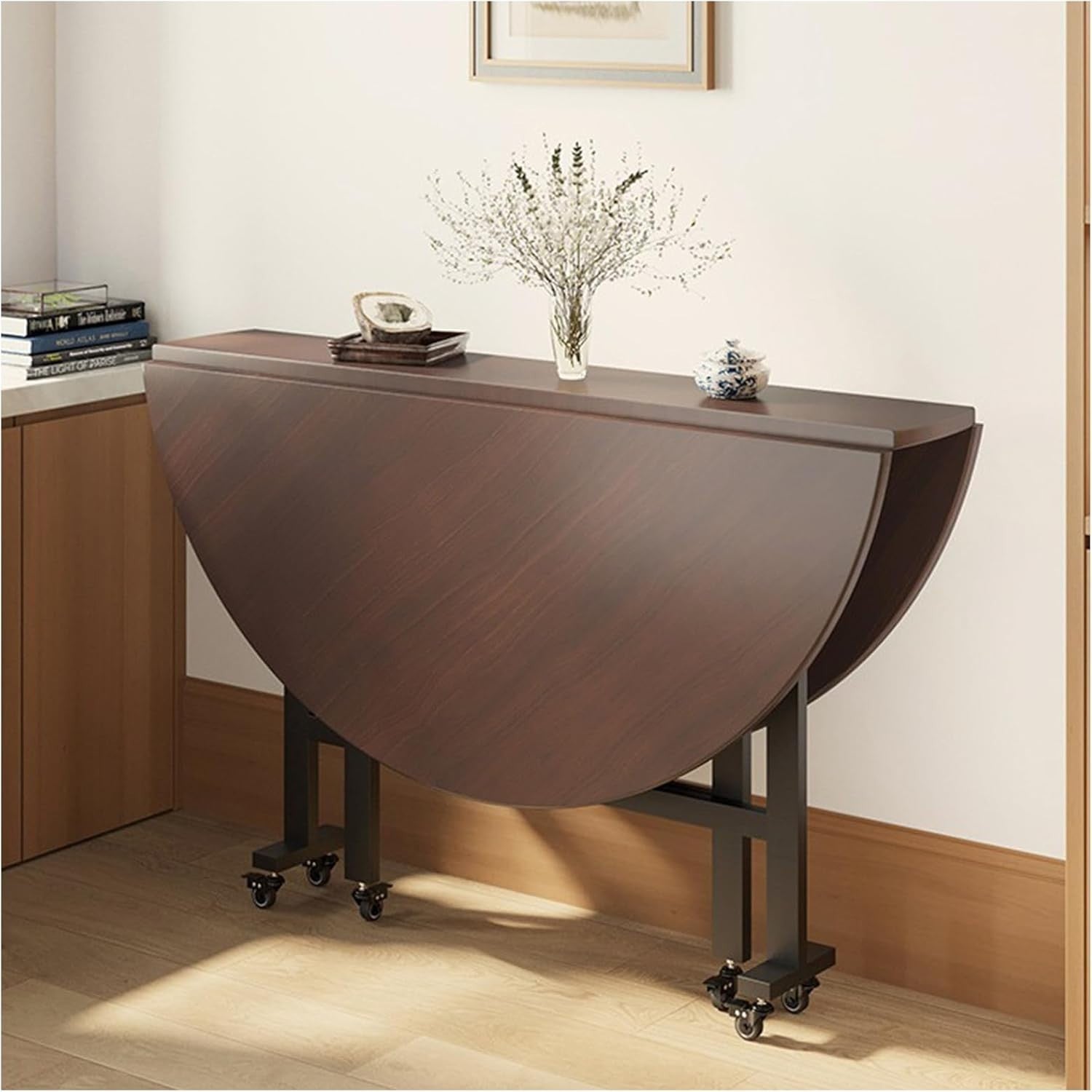 Round Drop Leaf Folding Kitchen Table with 6 Wheels Space Saving