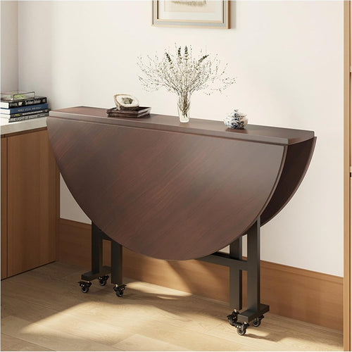 Round Drop Leaf Folding Kitchen Table with 6 Wheels Space Saving