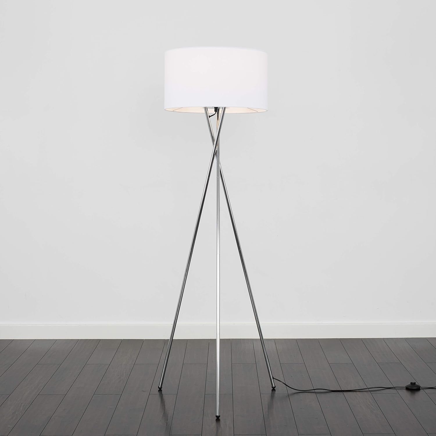 Modern Chrome Tripod Floor Lamp White Shade Tall Living Room Bedroom Light
