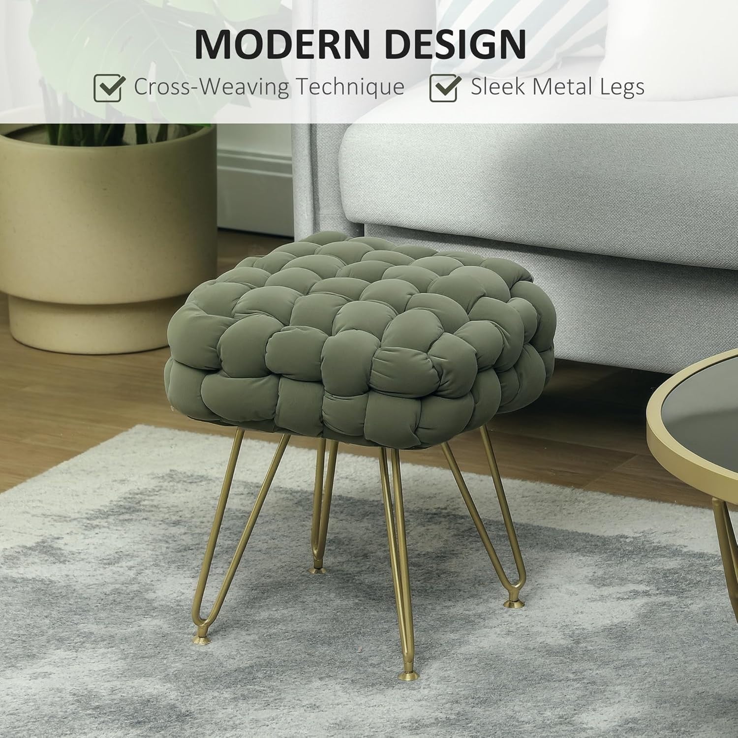 Dark Green Square Footstool Woven Velvet Ottoman Metal Leg Vanity Seat