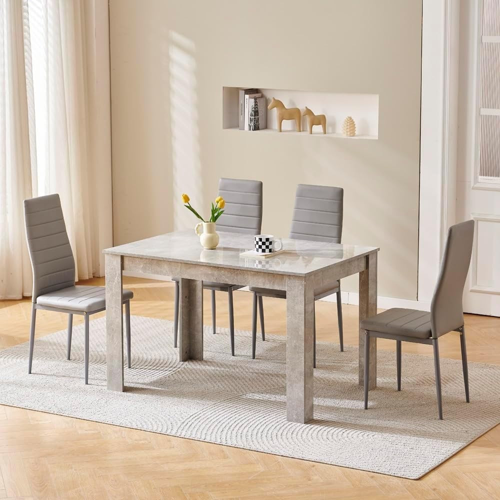 Grey Marble Dining Set 5-Piece | Modern Kitchen Table & Leather Chairs