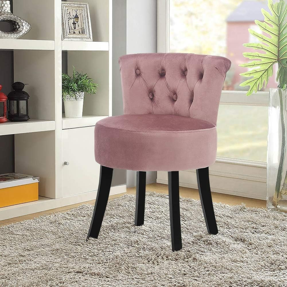 Pink High-Back Vanity Chair – Soft Linen Makeup Stool with Wooden Legs
