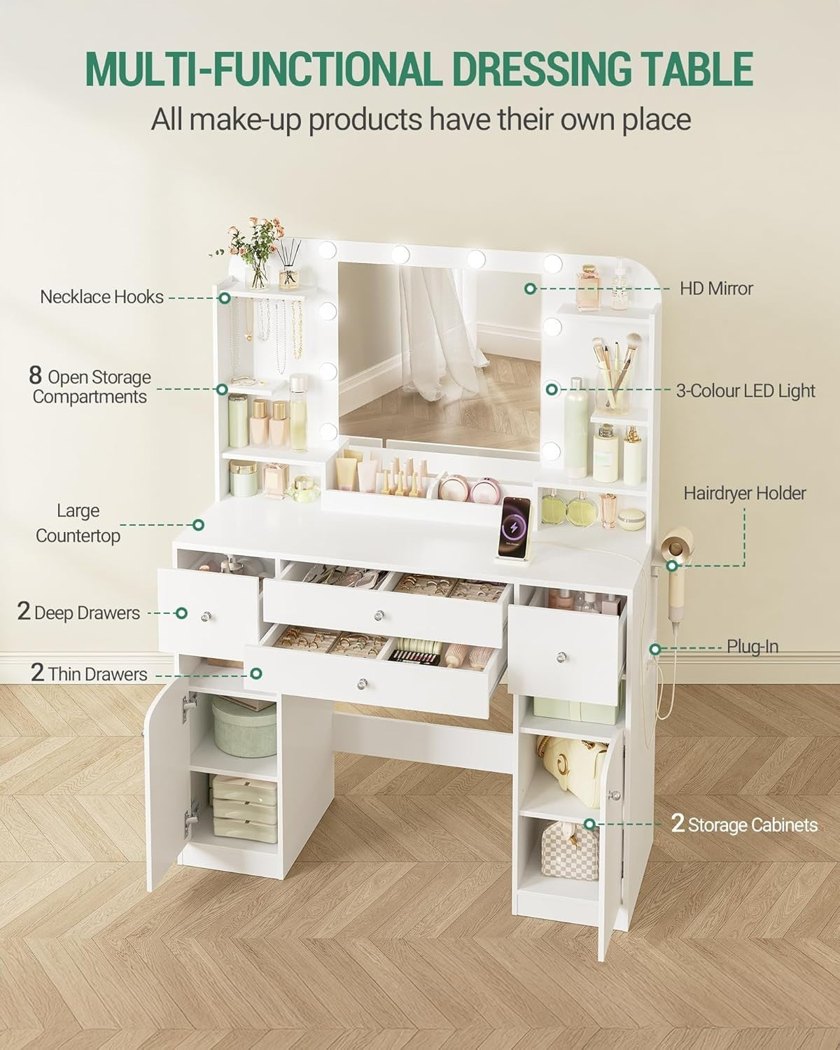 White Dressing Table Makeup Vanity Desk LED Mirror 4 Drawers Storage Modern