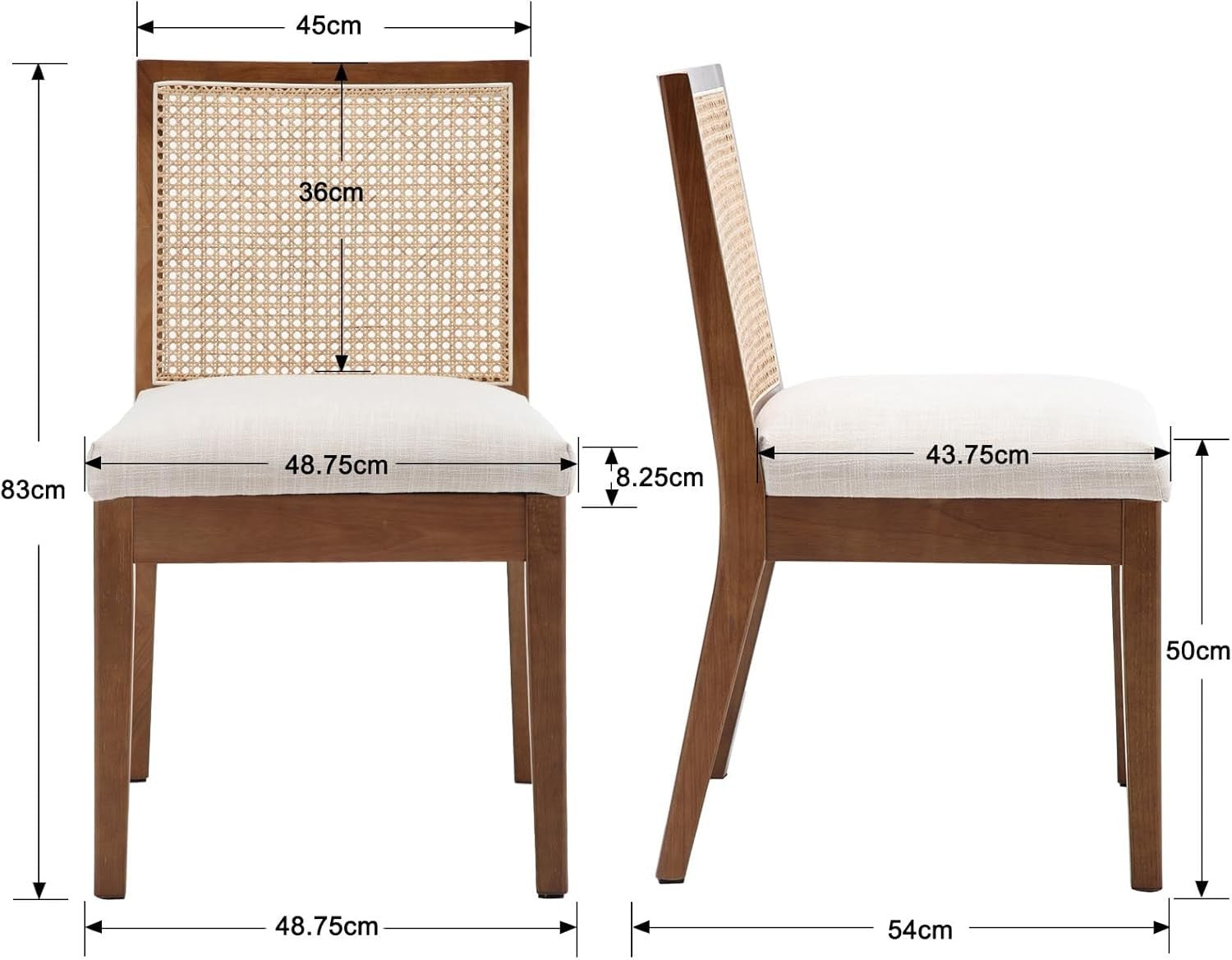 Set of 2 Beige Rattan Dining Chairs Upholstered Linen Seat Wooden Frame