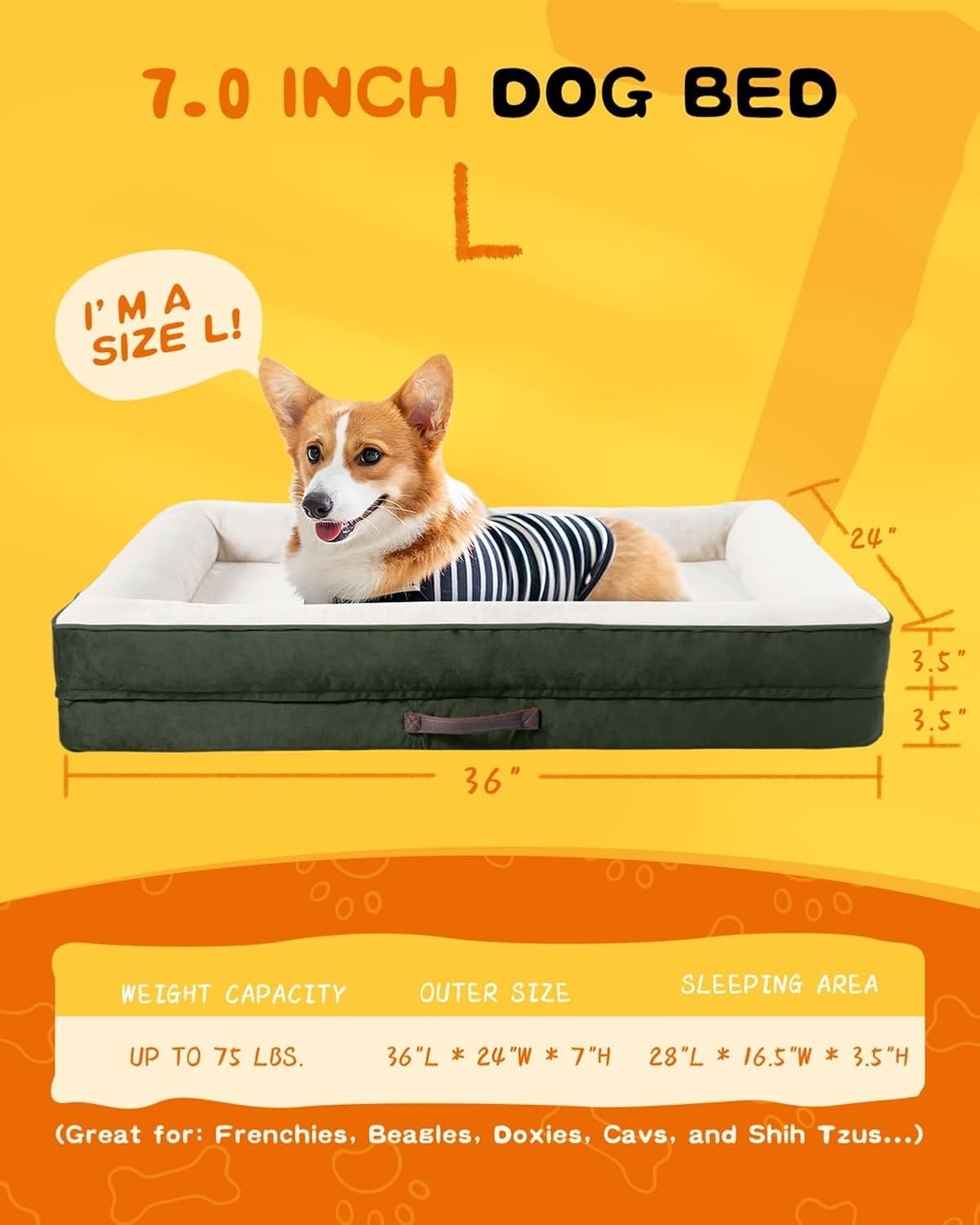 Large Orthopedic Dog Bed Waterproof Washable Bolster 91x61cm