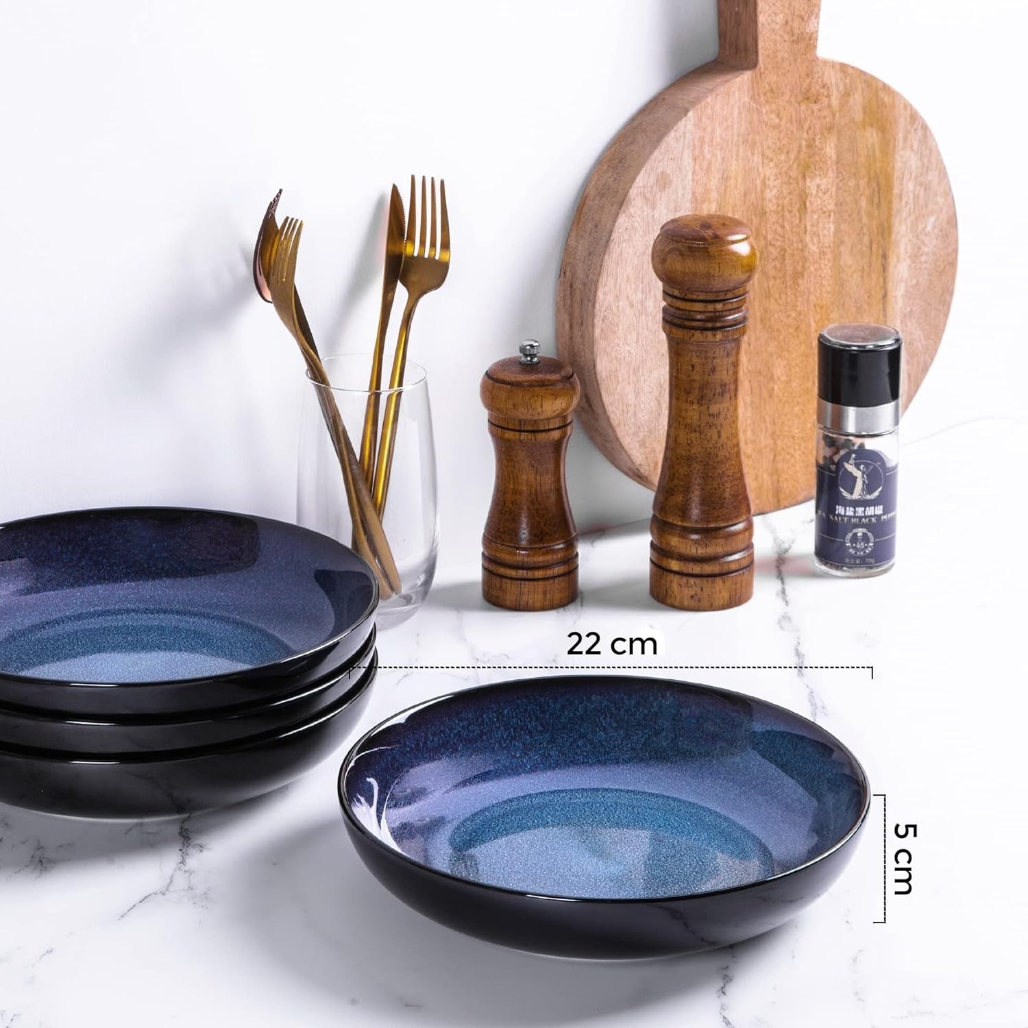 Large Pasta Bowls Set of 6 22cm Deep Stoneware Soup Noodle Bowls Blue