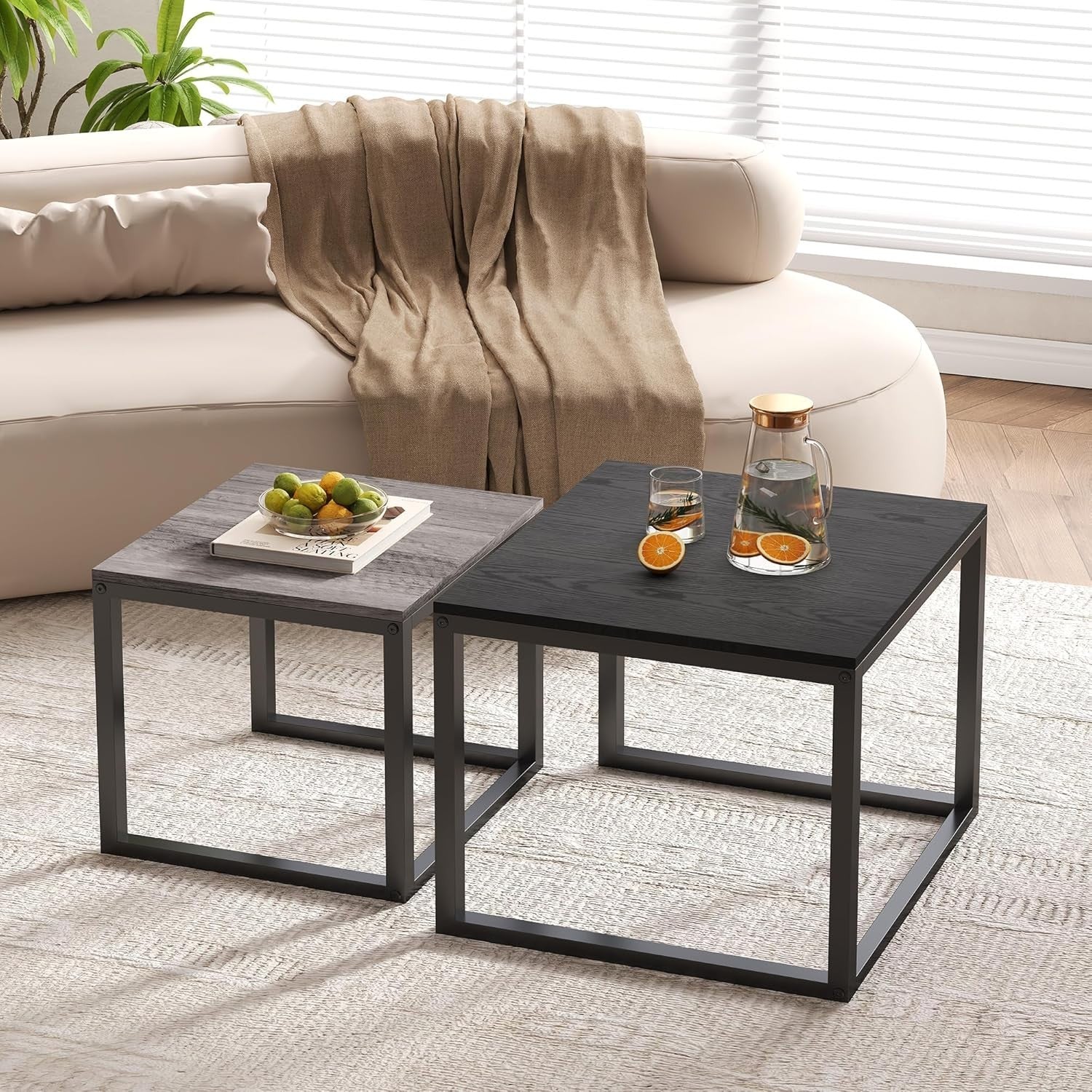 Nesting Coffee Table Set of 2 Modern Square End Side Tables Black-Gray Wood Easy