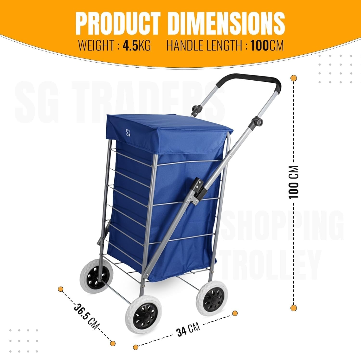 Foldable 4-Wheel Shopping Trolley Cart with Removable Bag - Heavy Duty Blue