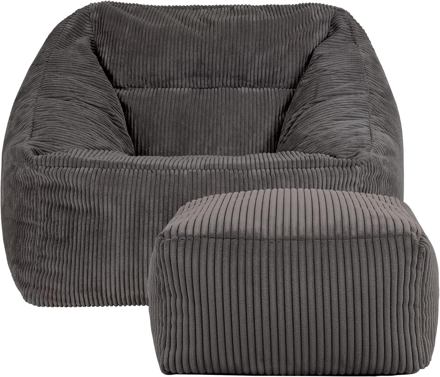 Adult Cord Bean Bag Chair with Footstool Grey Lounge Sofa Seat Filled