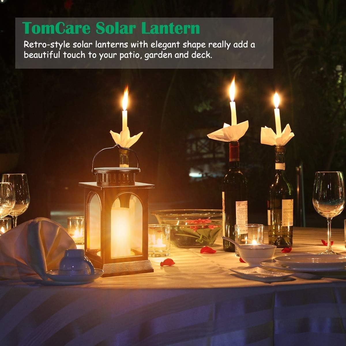 2-Pack Solar Flickering Flame Metal Lanterns Bronze Outdoor Garden Light