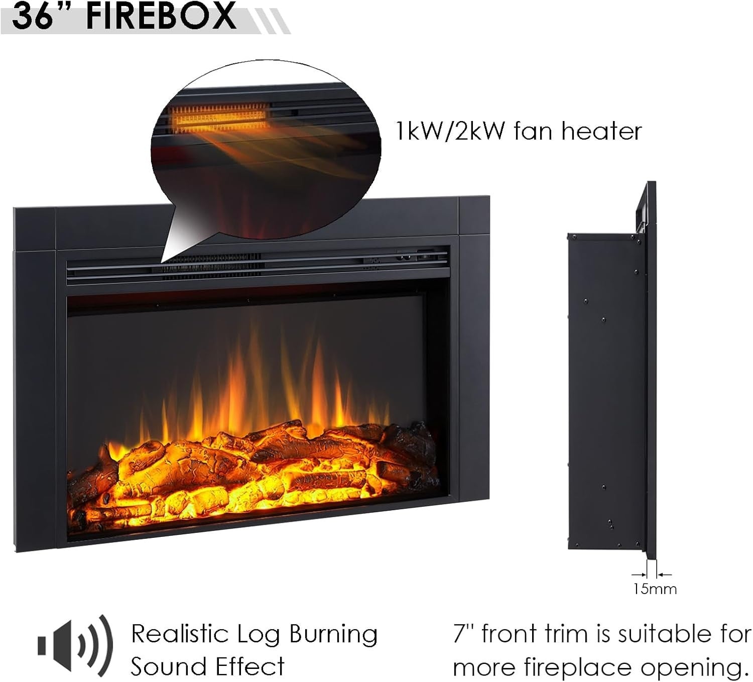 Electric Fireplace Insert 92cm Built-In LED Flame Heater Remote Control