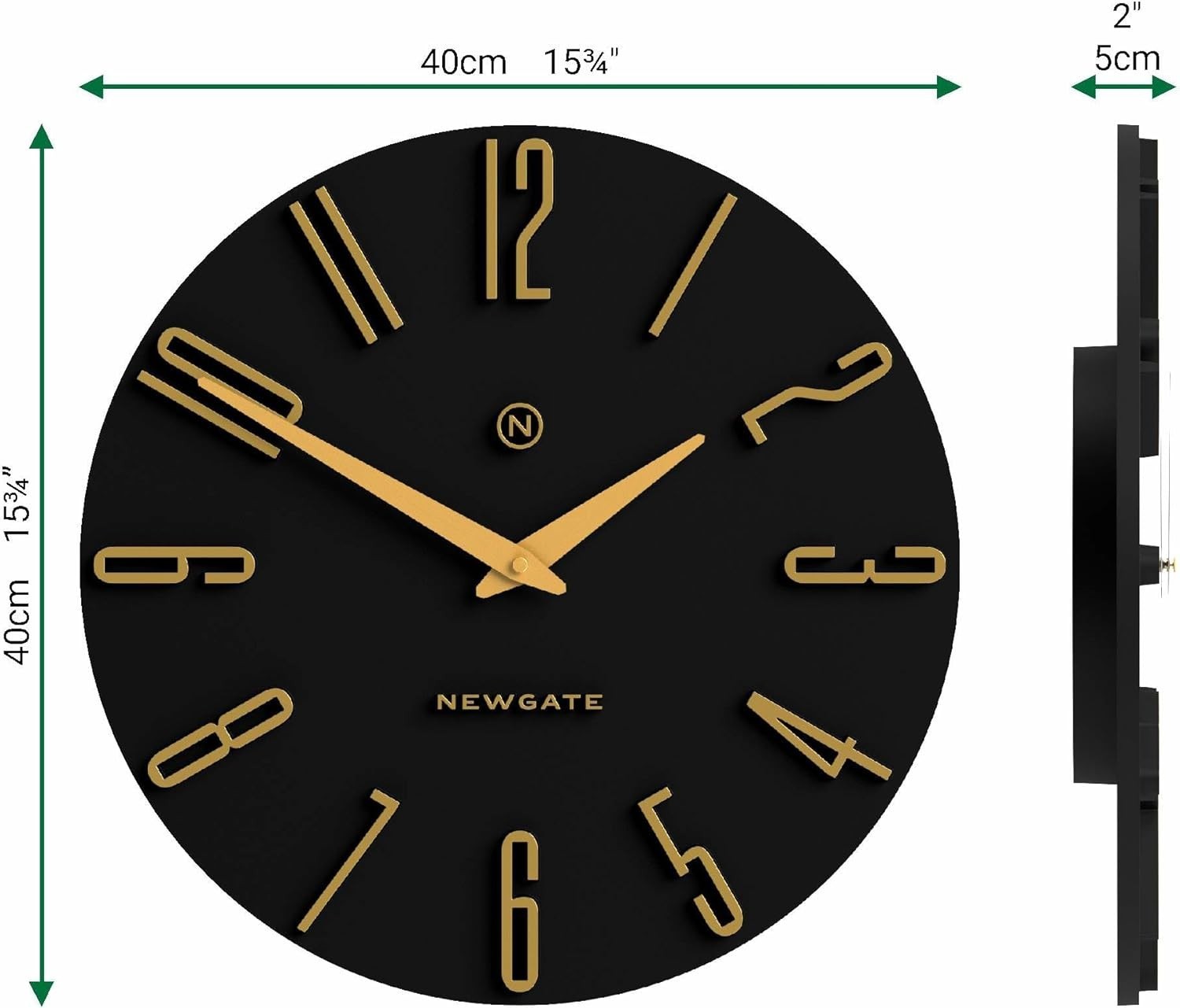 Modern Black Gold Wall Clock 40cm Silent Non-Ticking Retro Decor