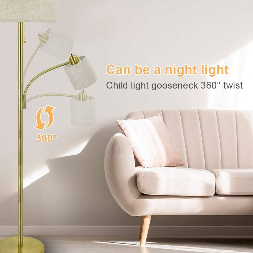 Dual Head Floor Lamp with Reading Light, 3000K LED, Adjustable & Modern Gold