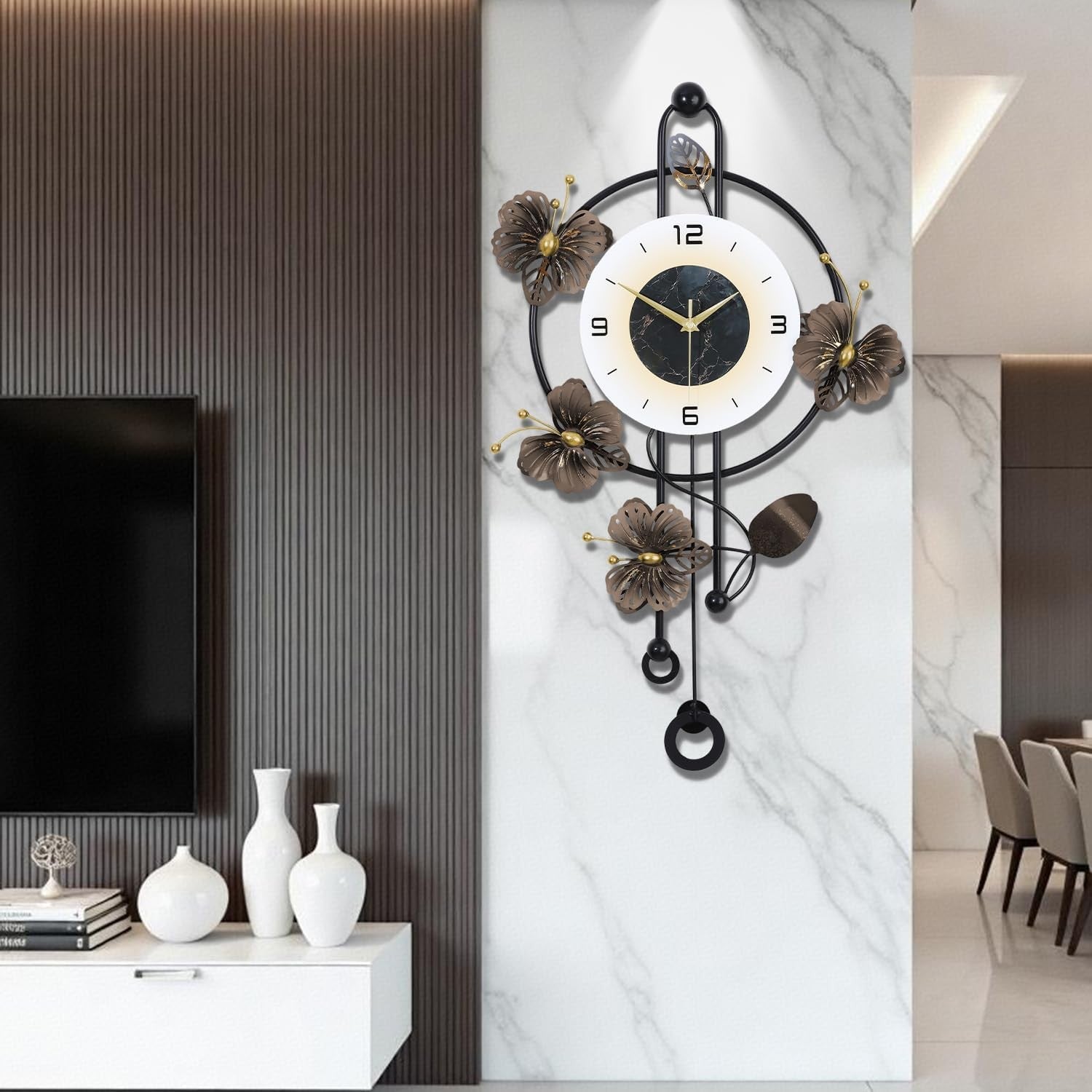 Large 75cm Wall Clock Modern Metal Floral Design Silent Quartz Pendulum White
