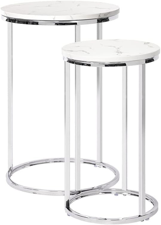 Space Saving Nesting End Tables Set of 2 Round Silver Metal Frame