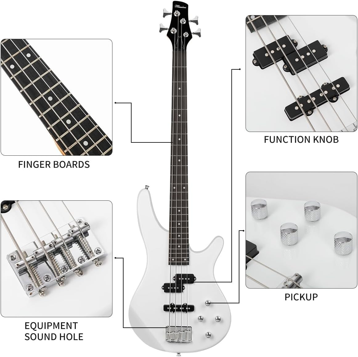 Full Size 4 String Electric Bass Guitar Starter Kit P Style White