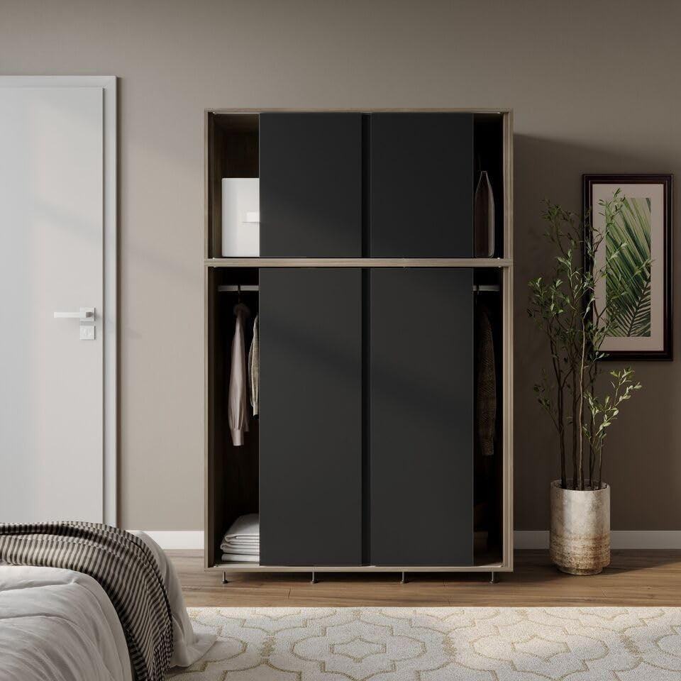 6-Door Black Oak Sliding Wardrobe with Adjustable Feet & Hanging Rail
