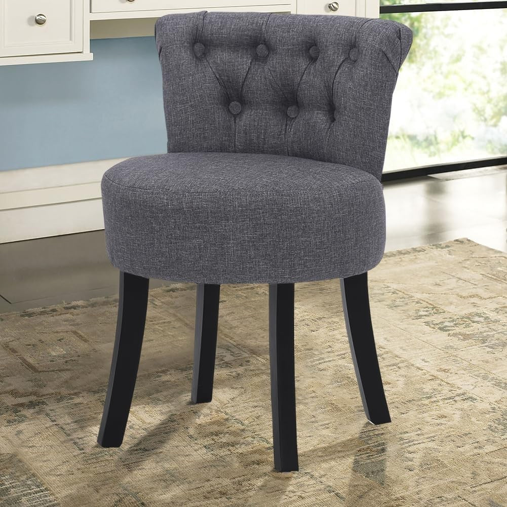 Grey Linen High-Back Vanity Chair – Padded Dressing Stool with Wood Legs