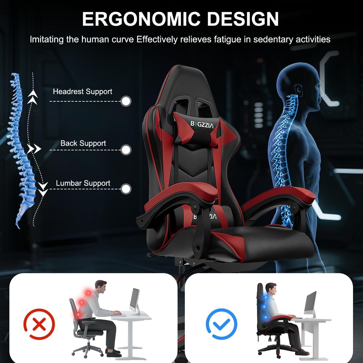 Gaming Chair with Bluetooth Speaker Ergonomic Office Chair Red