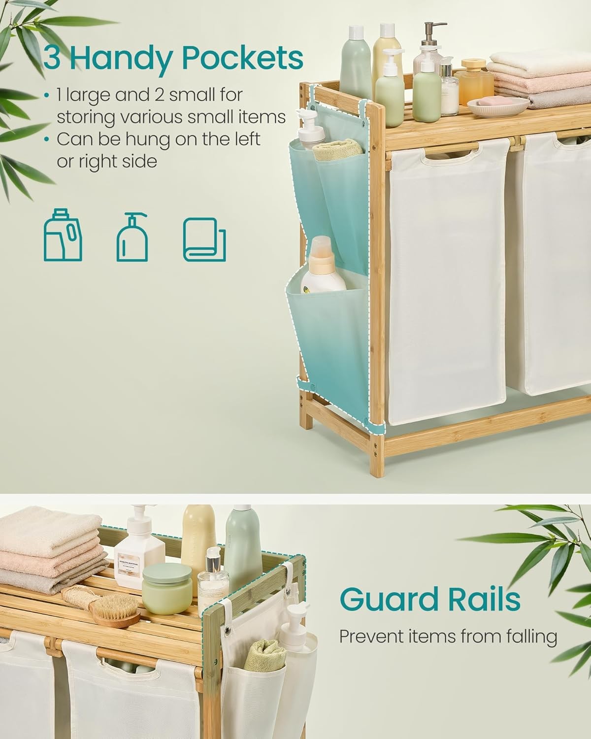 Dual Laundry Hamper with Bamboo Shelf 2 Compartments Sorter 100L Cream