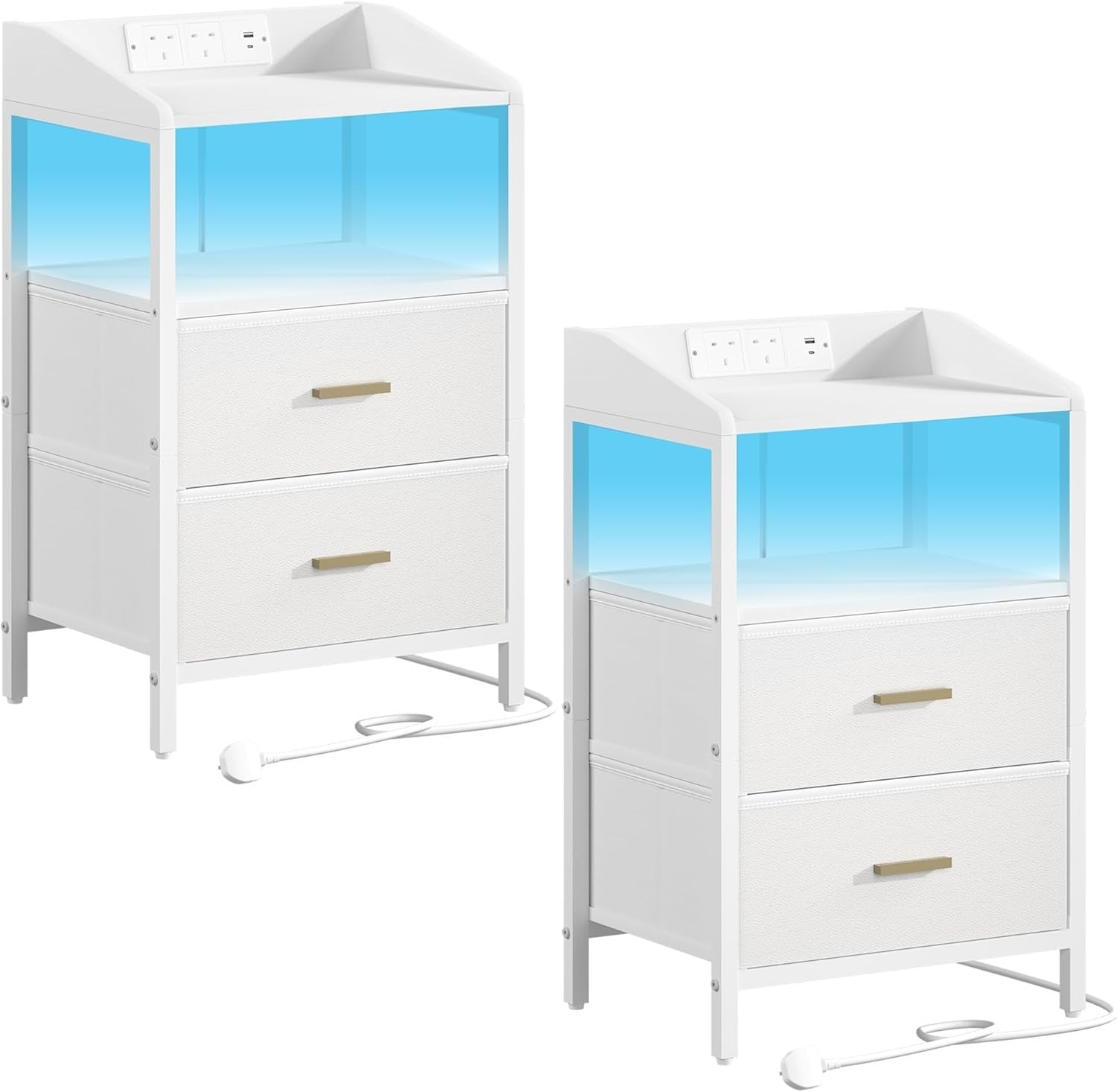 White Bedside Table with USB Type-C Charging Ports & 2 Drawers