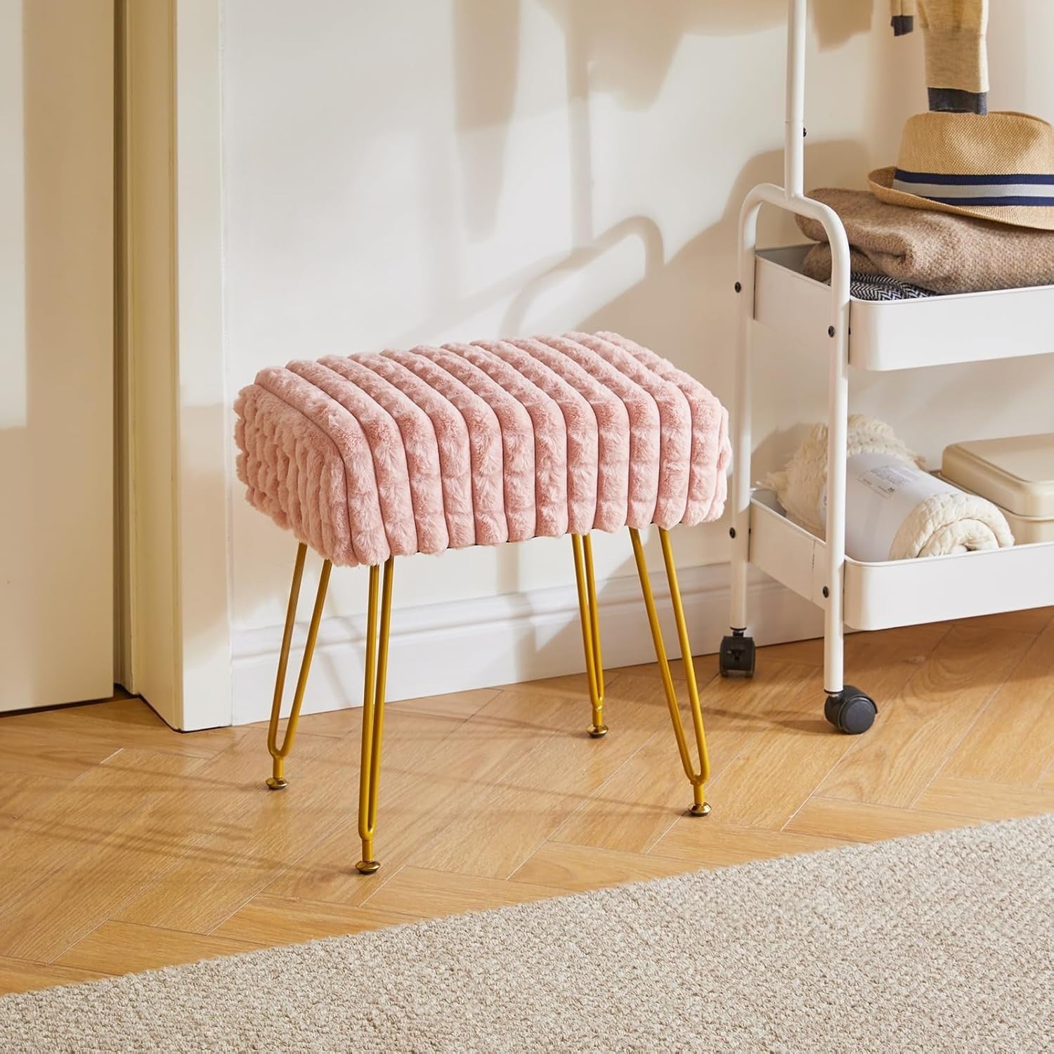 Pink Velvet Footrest Stool Ottoman – Gold Legs, Compact Vanity Seat & Side Table