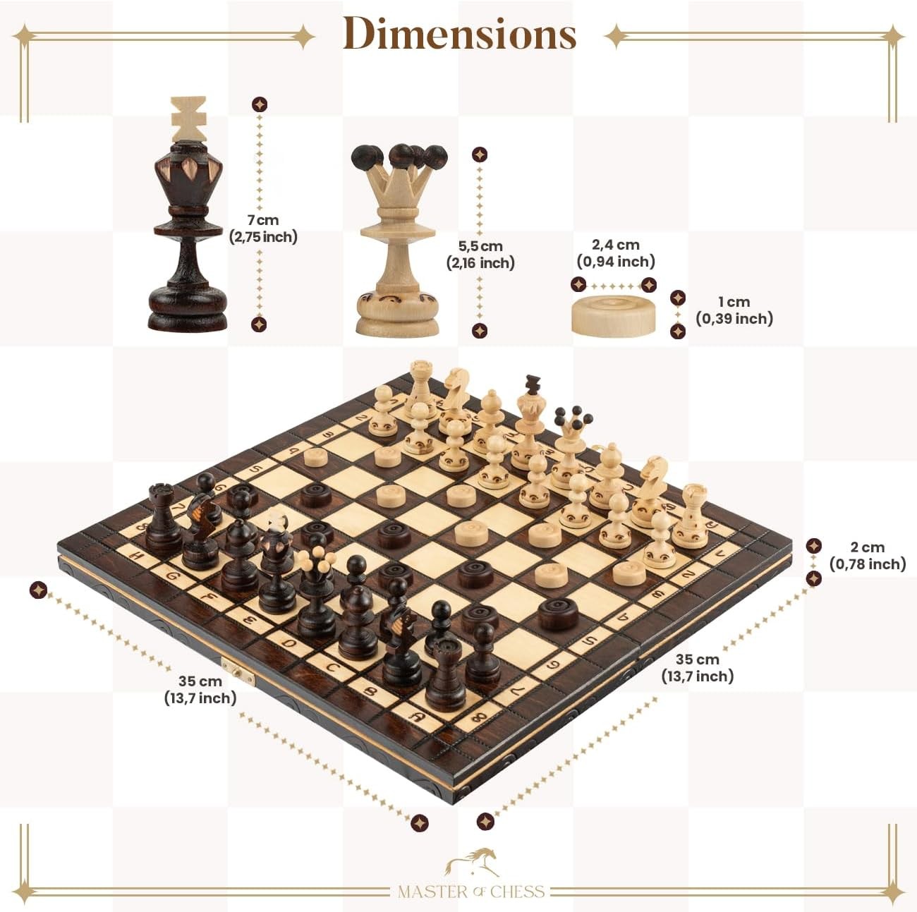 35cm Wooden Chess & Checkers Set | Foldable Travel Board | 2-in-1 Classic Game